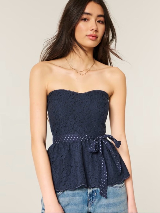 Hollister Dresses & Skirts - Hollister Navy Strapless Lace Peplum Top with Polka Dot Tie